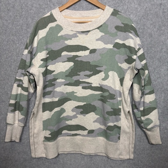 Aerie Camo Crewneck Pullover Sweatshirt Side Slits-Green/Cream-Women Size Small - Picture 3 of 8